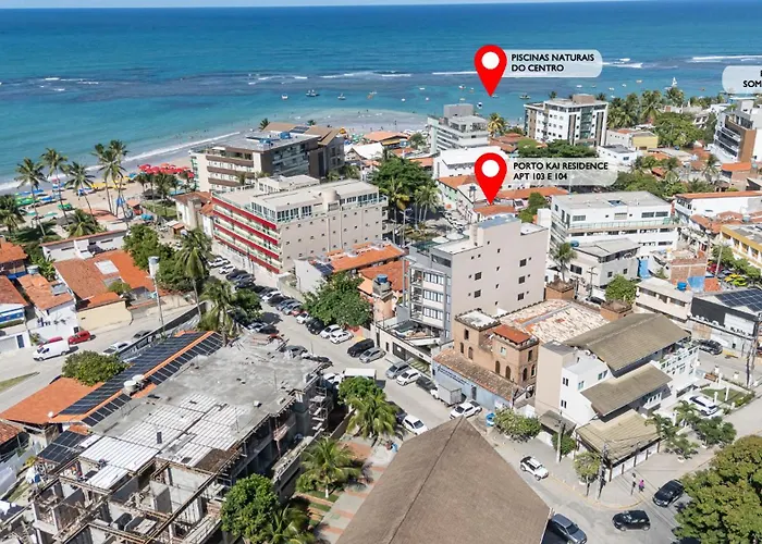 Centro da vila a 50m do mar com cozinha completa, varanda e piscina com vista panorâmica Pôrto das Galinhas
